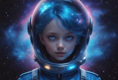 The primary subject of the image is a young girl wearing a blue space suit. She is looking at the camera with a blue-eyed gaze. The setting is a space-themed environment, with a backdrop of stars and a galaxy. The visual style is a digital art or illustration, creating a vibrant and imaginative scene. The colors and mood of the image are predominantly blue, giving it a calm and serene atmosphere.