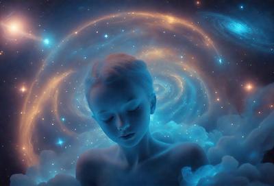 The primary subject of the image is a young girl with blonde hair, lying down and looking up at the sky. The setting is a space with a backdrop of stars, creating a celestial atmosphere. The visual style is a digital art, with the girl's face and the background being the main focus of the image. The colors are predominantly blue, which adds to the serene and peaceful mood of the scene.