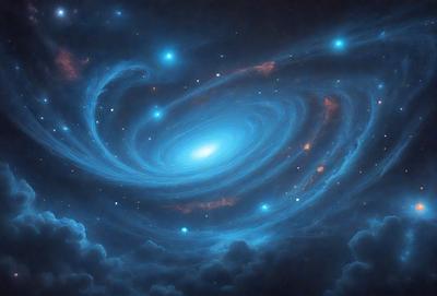 The primary subject of the image is a large, swirling, blue spiral galaxy. The galaxy is set against a dark, starry background, creating a sense of depth and space. The visual style of the image is a combination of digital art and illustration, with the galaxy's spiral shape and the stars' positions creating a realistic and detailed representation. The colors and mood of the image are predominantly dark and moody, with the blue spiral galaxy standing out as the main focal