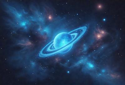 The primary subject of the image is a blue planet, which appears to be a celestial body, possibly a planet or a moon. The setting is a dark, starry sky, with the blue planet being the main focus of the image. The visual style is a digital art or illustration, creating a vivid and detailed representation of the celestial body. The colors and mood of the image are predominantly blue, giving it a serene and peaceful atmosphere.