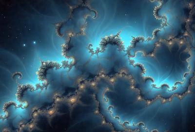 The primary subject of the image is a blue and white spiral pattern, which appears to be a digital art or illustration. The setting is a dark, starry sky, with the spiral pattern as the main focus. The visual style is a combination of digital art and a natural, celestial backdrop. The colors and mood of the image are predominantly blue and white, with a sense of depth and intricacy in the spiral pattern.