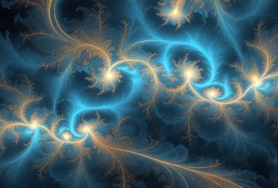 The primary subject of the image is a blue and yellow swirling pattern, which appears to be a digital art or illustration. The setting is a blue background, and the visual style is a combination of digital art and illustration. The dominant colors are blue and yellow, creating a vibrant and lively atmosphere.