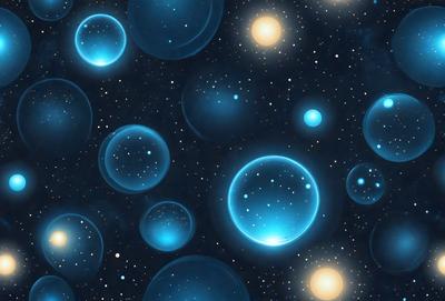 The primary subject of the image is a collection of blue and yellow spheres floating in a dark blue space. The setting appears to be a night sky, with the spheres scattered throughout the scene. The visual style of the image is a combination of digital art and illustration, creating a unique and captivating atmosphere. The dominant colors in the image are blue and yellow, with the blue spheres contrasting against the dark blue background. The overall mood of the image is one of wonder and exploration, as the viewer is drawn