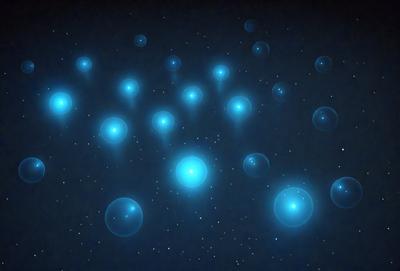 The primary subject of the image is a group of blue bubbles floating in a dark, starry sky. The setting is a nighttime scene with a starry background, creating a sense of depth and mystery. The visual style is a combination of digital art and illustration, giving the image a unique and captivating appearance. The dominant colors are blue and black, with the blue bubbles standing out against the dark sky. The overall atmosphere is one of wonder and exploration, as the viewer is drawn into the vastness