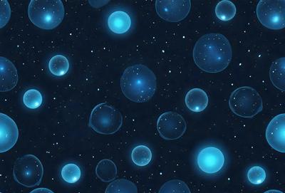 The primary subject of the image is a pattern of blue and white spheres, which are floating in a dark blue background. The visual style of the image is digital art, as it appears to be a computer-generated or digitally edited design. The colors and mood of the image are predominantly dark and moody, with the blue spheres contrasting against the black background.