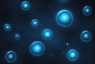 The primary subject of the image is a group of blue bubbles floating in a dark, starry sky. The setting is a nighttime scene with a backdrop of stars, creating a sense of depth and space. The visual style is a digital art or illustration, with the blue bubbles and the starry sky being the main focus of the image. The colors and mood are predominantly dark and moody, with the blue bubbles providing a touch of brightness and contrast against the black background.