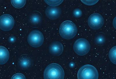 The primary subject of the image is a pattern of blue circles, which are arranged in a star-like formation. The setting is a dark, starry sky, creating a sense of depth and contrast. The visual style is a combination of digital art and illustration, with the blue circles being the main focus of the image. The colors and mood are predominantly blue, creating a serene and calming atmosphere.