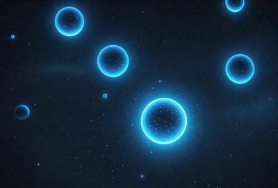 The primary subject of the image is a group of blue orbs floating in a dark, starry sky. The setting is a space-like environment, with the orbs being the main objects of focus. The visual style appears to be a combination of digital art and illustration, creating a vibrant and captivating scene. The colors and mood of the image are predominantly dark and mysterious, with the blue orbs providing a touch of brightness and intrigue.