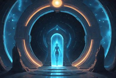 The primary subject of the image is a woman, who is the main focus of the scene. She is standing in a futuristic setting, possibly a space station or an alien world, with a blue and white color scheme. The visual style of the image is digital art, which gives it a unique and intriguing appearance. The overall atmosphere of the image is mysterious and captivating, as the woman appears to be emerging from a blue portal or a doorway.