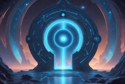 The primary subject of the image is a large, blue, circular structure with a blue door. The setting is a futuristic environment, possibly a space station or an alien planet. The visual style is digital art, with the blue door and the circular structure being the main focus of the image. The colors and mood are predominantly blue, creating a sense of calmness and tranquility.