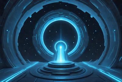The primary subject of the image is a futuristic, blue, circular doorway with a blue keyhole. The setting is a space station, and the visual style is digital art. The dominant colors are blue and white, creating a calm and futuristic atmosphere.