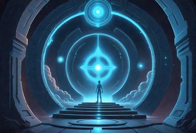 The primary subject of the image is a person standing in a large, blue, circular room with a staircase. The room appears to be a futuristic setting, possibly a space station or a high-tech facility. The visual style of the image is digital art, as it is a detailed and intricate illustration. The dominant colors in the image are blue and white, creating a calm and serene atmosphere.