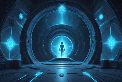 The primary subject of the image is a woman standing in a futuristic, blue-lit room. The room features a large, circular doorway with a blue light shining through it. The woman appears to be the main focus of the scene, and the overall atmosphere is one of futuristic, high-tech ambiance.