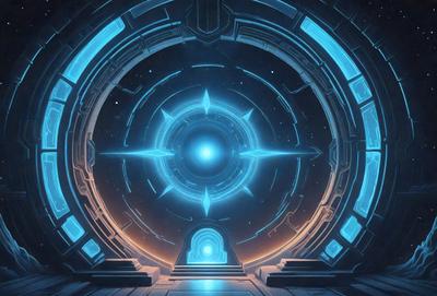 The primary subject of the image is a futuristic, blue-lit room with a large, circular structure in the center. The room appears to be a space station or a futuristic building, with a blue glow illuminating the area. The setting is a futuristic environment, and the visual style is a combination of digital art and illustration. The colors and mood of the image are predominantly blue, creating a sense of calmness and tranquility.