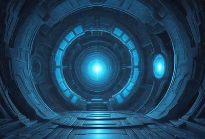 The primary subject of the image is a large, blue, circular structure with a hole in the center. The setting is a futuristic environment, possibly a space station or a high-tech facility. The visual style is digital art, as the image appears to be a computer-generated or digitally rendered scene. The dominant colors are blue and white, creating a sense of depth and sophistication. The overall atmosphere is one of wonder and exploration, as the viewer is drawn into the mysterious and intriguing space.