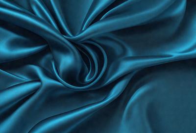 The primary subject of the image is a blue fabric, which appears to be a piece of silk. The setting is a dark background, which contrasts with the blue fabric. The visual style is a close-up of the fabric, showcasing its texture and pattern. The colors and mood of the image are predominantly blue, creating a calm and serene atmosphere.