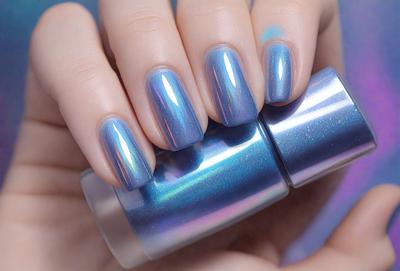 The primary subject of the image is a person's hand holding a bottle of nail polish. The hand is positioned in the foreground, while the bottle is in the background. The setting appears to be indoors, with a focus on the person's hand and the nail polish bottle. The visual style is a close-up of the hand and the bottle, with no indication of it being a photo, digital art, illustration, drawing, pattern, texture, or clipart.