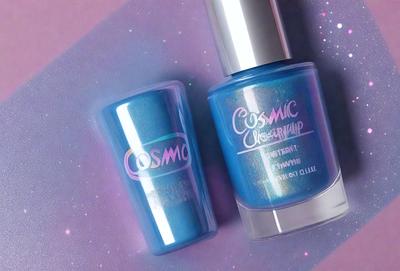 The primary subject of the image is a bottle of blue nail polish and a small cup of the same color. The setting is a purple background, which adds a vibrant and colorful touch to the scene. The visual style is a close-up of the two items, showcasing their details and colors. The dominant colors are blue and purple, creating a calm and soothing atmosphere.