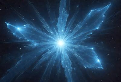 The primary subject of the image is a blue and white starburst, which is a bright and colorful celestial object. The setting is a dark, star-filled sky, with the starburst being the main focus of the image. The visual style is a combination of digital art and illustration, creating a vibrant and dynamic scene. The colors and mood of the image are predominantly blue and white, with a sense of wonder and awe.