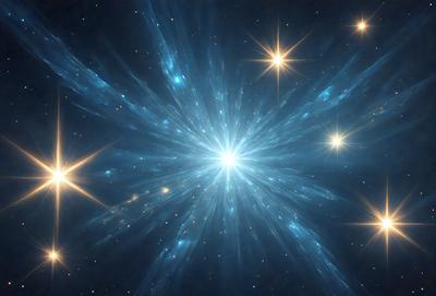 The primary subject of the image is a bright, blue, and white starburst, which is the main object, scene, or focus of the image. The setting or background features a dark, star-filled sky, creating a contrasting and dramatic atmosphere. The visual style of the image is a combination of photo and digital art, as it captures the vibrant colors and intricate details of the starburst. The colors and mood of the image are predominantly blue and white, with a sense of wonder and
