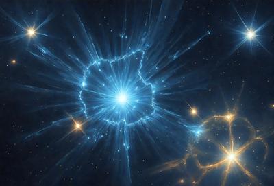 The primary subject of the image is a bright blue star, which is the main focus of the scene. The setting is a dark, star-filled sky, with the star being the most prominent object in the image. The visual style appears to be a combination of a photo and digital art, as the star appears to be a digital creation, while the rest of the image seems to be a natural photo. The colors and mood of the image are predominantly dark and dramatic, with the blue star standing out against the black sky.