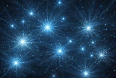 The primary subject of the image is a cluster of bright, shining stars in a dark, blue sky. The setting is a vast, starry expanse, with the stars scattered throughout the frame. The visual style is a combination of a photo and digital art, creating a captivating and immersive atmosphere. The colors are predominantly blue, with the stars being the main focus, and the overall mood is one of wonder and awe.
