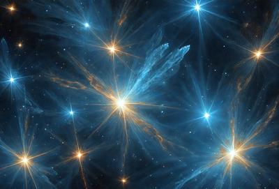 The primary subject of the image is a cluster of stars in a dark blue sky. The setting is a night sky, with the stars being the main focus of the image. The visual style is a combination of a photo and digital art, creating a unique and captivating representation of the stars. The colors and mood of the image are predominantly dark blue, with the stars providing a contrasting and vibrant element to the overall atmosphere.