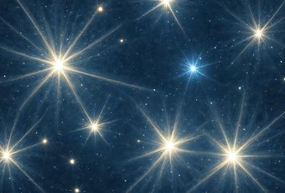 The primary subject of the image is a bright blue starry sky filled with numerous sparkling stars. The setting is a dark, star-filled night sky, creating a sense of wonder and awe. The visual style is a realistic representation of the night sky, with the stars appearing as actual points of light. The colors and mood of the image are predominantly blue, with the stars providing a sense of depth and tranquility.