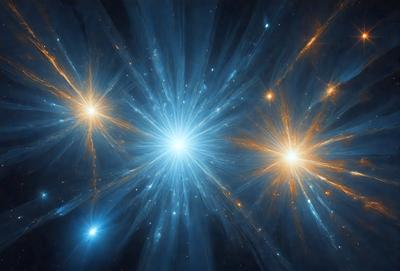 The primary subject of the image is a bright, colorful, and vibrant explosion of light. The setting is a dark, starry background, which contrasts with the bright light. The visual style is a combination of digital art and illustration, creating a dynamic and captivating scene. The colors and mood are predominantly blue and orange, with the blue light representing the explosion and the orange light creating a warm, inviting atmosphere.