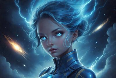 The primary subject of the image is a woman with blue eyes, wearing a blue outfit. She is the main focus of the image. The setting is a dark, blue background, which adds to the overall mood of the image. The visual style is a digital art or illustration, as the woman is depicted with a detailed and artistic appearance. The colors and mood of the image are predominantly dark and moody, with the blue outfit and blue eyes adding a touch of brightness to the scene.