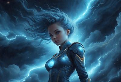The primary subject of the image is a woman with blue hair, wearing a blue and gold costume. She is standing in front of a blue sky with clouds, which serves as the setting for the scene. The visual style of the image is digital art, as it is a detailed and well-rendered illustration. The colors and mood of the image are predominantly blue, creating a calm and serene atmosphere.