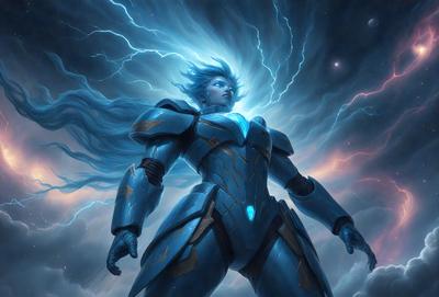 The primary subject of the image is a blue-haired woman wearing a futuristic, metallic suit. She appears to be a superhero or a character from a science fiction story. The setting is a dark, cloudy sky, which adds to the dramatic atmosphere of the scene. The visual style is digital art, as the woman is depicted in a detailed and intricate manner. The colors and mood of the image are predominantly dark and moody, with the blue-haired woman standing out