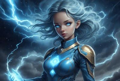 The primary subject of the image is a woman with silver hair, wearing a blue and gold outfit. She is standing in front of a dark sky, which serves as the setting for the scene. The visual style of the image is digital art, as it is a well-crafted and detailed illustration. The woman's outfit and the dark sky create a mood of mystery and intrigue.