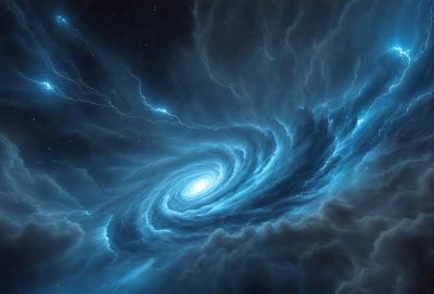 The primary subject of the image is a spiral galaxy, which is a swirling mass of stars and gas. The galaxy is set against a dark, starry sky, creating a dramatic and captivating visual effect. The image is a digital art piece, showcasing the artist's skill in capturing the beauty and complexity of the galaxy. The colors and mood of the image are predominantly dark and moody, with the spiral galaxy serving as the focal point and the backdrop