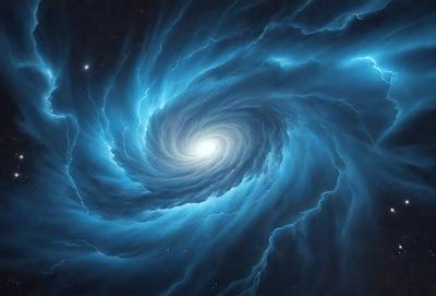 The primary subject of the image is a large, swirling blue spiral, which appears to be a digital art or illustration. The spiral is set against a dark blue background, creating a striking contrast. The visual style of the image suggests that it is a digital art or illustration, rather than a photo or a traditional drawing. The dominant colors in the image are blue, creating a sense of depth and intrigue.