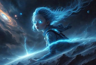 The primary subject of the image is a woman with blue eyes, wearing a blue jacket and a scarf. She is standing on a rocky surface, possibly a mountain, with a blue sky in the background. The visual style of the image is digital art, and the colors and mood are predominantly blue, creating a serene and peaceful atmosphere.