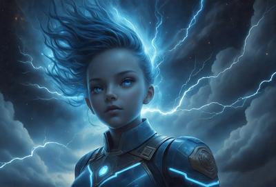 The primary subject of the image is a young girl with blue hair and blue eyes. She is wearing a blue and gold outfit, which includes a blue cape. The setting is a dark, cloudy sky, creating a moody atmosphere. The visual style is a digital art illustration, showcasing the girl's unique appearance and the intricate details of her outfit. The colors and mood of the image are predominantly blue, with the girl's blue hair and eyes standing out against the dark sky.