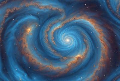 The primary subject of the image is a spiral galaxy, which is a swirling mass of stars and gas. The spiral galaxy is set against a backdrop of space, with the stars and gas forming a swirling pattern. The visual style of the image is a combination of photo and digital art, creating a realistic yet artistic representation of the galaxy. The dominant colors in the image are blue and orange, with the blue representing the stars and the orange representing the gas. The overall atmosphere of the image is