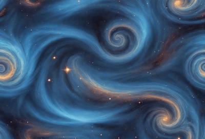 The primary subject of the image is a swirling, spiral-like pattern in a blue background. The setting appears to be a night sky, with the swirling pattern resembling a galaxy or a nebula. The visual style of the image is a combination of digital art and illustration, creating a captivating and intricate design. The dominant colors in the image are blue and orange, with the blue background providing a sense of depth and the orange accents adding warmth and contrast to the scene. Over
