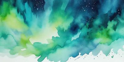 The primary subject of the image is a watercolor painting of a green and blue sky with a starry background. The setting is a night sky, and the visual style is a watercolor painting. The dominant colors are green and blue, creating a serene and calming atmosphere.