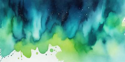 The primary subject of the image is a painting of a blue and green sky with stars. The setting is a night sky, and the visual style is a watercolor painting. The colors and mood of the painting are predominantly blue and green, creating a serene and calming atmosphere.