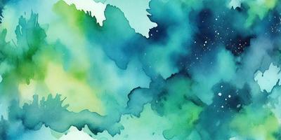 The primary subject of the image is a watercolor painting of a blue and green ocean scene. The setting is a water surface, and the visual style is a watercolor painting. The dominant colors in the painting are blue and green, creating a serene and calming atmosphere.