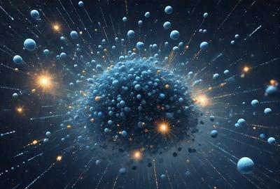 The primary subject of the image is a large, blue, and black ball surrounded by a multitude of smaller, blue and black balls. The setting is a dark, starry background, which adds to the overall mood of the image. The visual style is a combination of digital art and illustration, creating a dynamic and captivating scene. The colors and mood of the image are predominantly dark and mysterious, with the blue and black balls contrasting against the starry background.
