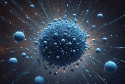 The primary subject of the image is a large, blue, spherical object, which appears to be a cluster of blue balls or a blue planet. The setting is a dark, starry background, which adds to the overall mood of the image. The visual style is a combination of photo and digital art, creating a unique and captivating scene. The colors and mood of the image are predominantly dark and mysterious, with the blue objects standing out against the black background.