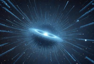 The primary subject of the image is a large, bright, and colorful celestial object, possibly a nebula or a star, located in a dark and starry sky. The setting is a space filled with stars, creating a sense of depth and vastness. The visual style of the image is a combination of photo and digital art, giving it a unique and captivating appearance. The colors and mood of the image are vibrant and dynamic, with the bright colors of the celestial object contrasting against the