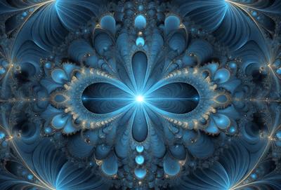 The primary subject of the image is a blue and gold spiral pattern, which appears to be a digital art or illustration. The setting is a blue background, and the visual style is a combination of digital art and illustration. The colors and mood of the image are predominantly blue and gold, creating a sense of depth and intricacy in the spiral pattern.