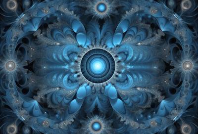 The primary subject of the image is a blue and white spiral pattern, which appears to be a digital art or illustration. The setting is a space-themed background, with stars visible in the background. The visual style is a combination of digital art and illustration, creating a unique and intricate design. The dominant colors are blue and white, giving the image a calming and serene atmosphere.