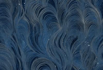 The primary subject of the image is a blue and white patterned wallpaper with swirls and waves. The setting is a room with a blue background, and the visual style is a digital art or illustration. The dominant colors are blue and white, creating a calm and soothing atmosphere.