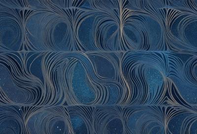 The primary subject of the image is a blue and white patterned wallpaper with a starry background. The setting is a room with a blue wall, and the visual style is a combination of digital art and illustration. The dominant colors are blue and white, creating a calm and serene atmosphere.