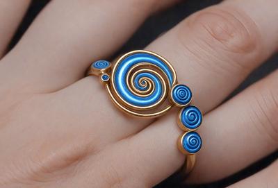 The primary subject of the image is a person's hand holding a ring with a blue spiral design. The setting is a dark background, and the visual style appears to be a close-up of the hand and ring. The colors and mood of the image are predominantly dark, with the blue spiral ring being the main focal point.